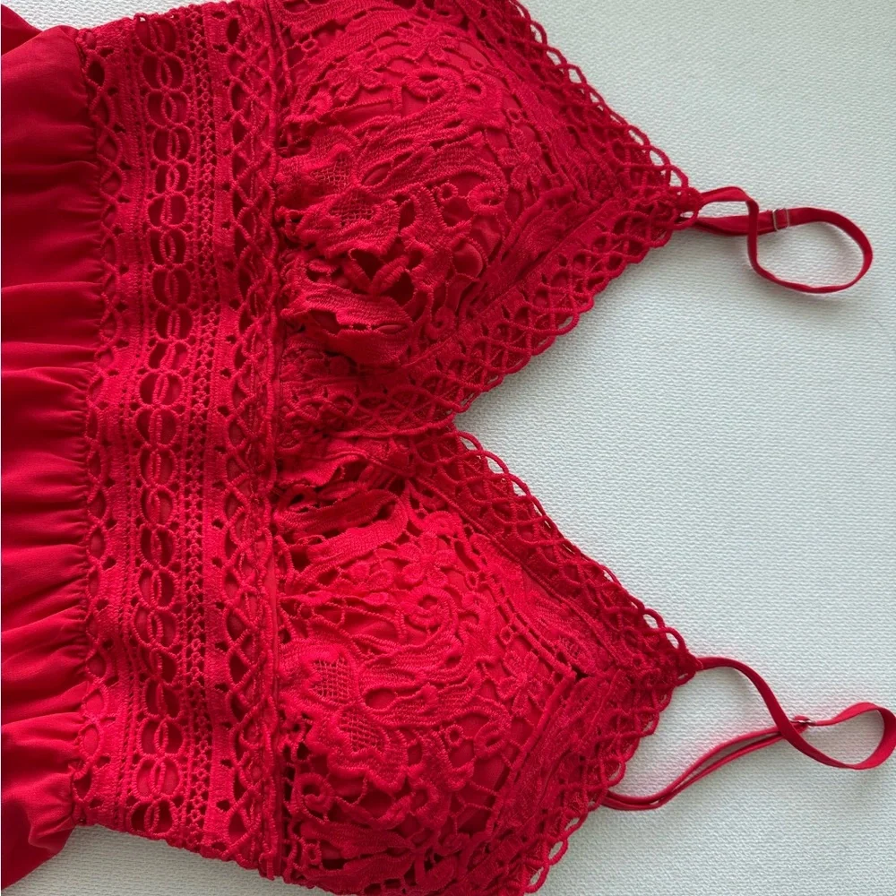 Red Lace Trim Party Summer Dress Xs - Picture 2 of 7